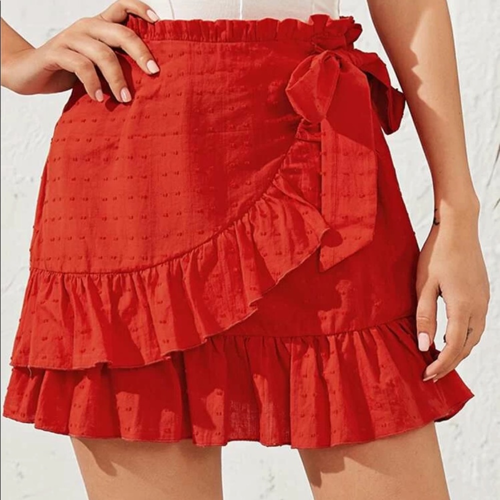 Red ruffle side-tie skirt